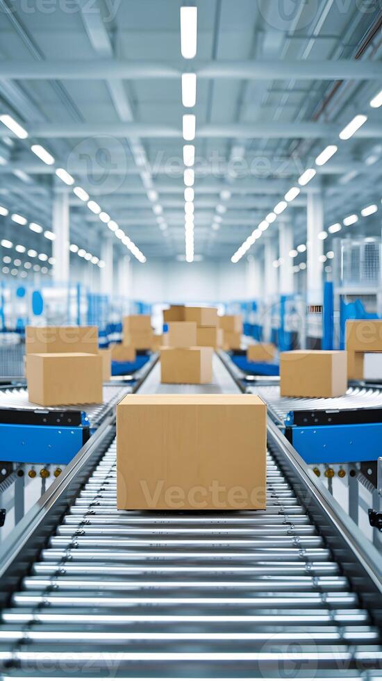 Cardboard box on conveyor belt in high-tech warehouse, illustrating streamlined logistics process. Vertical Mobile Wallpaper photo