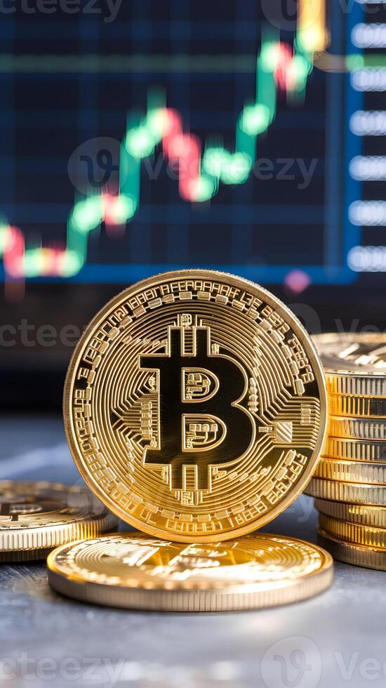 Golden Bitcoin coin with digital chart background, symbolizing digital currency's rise. Vertical Mobile Wallpaper photo