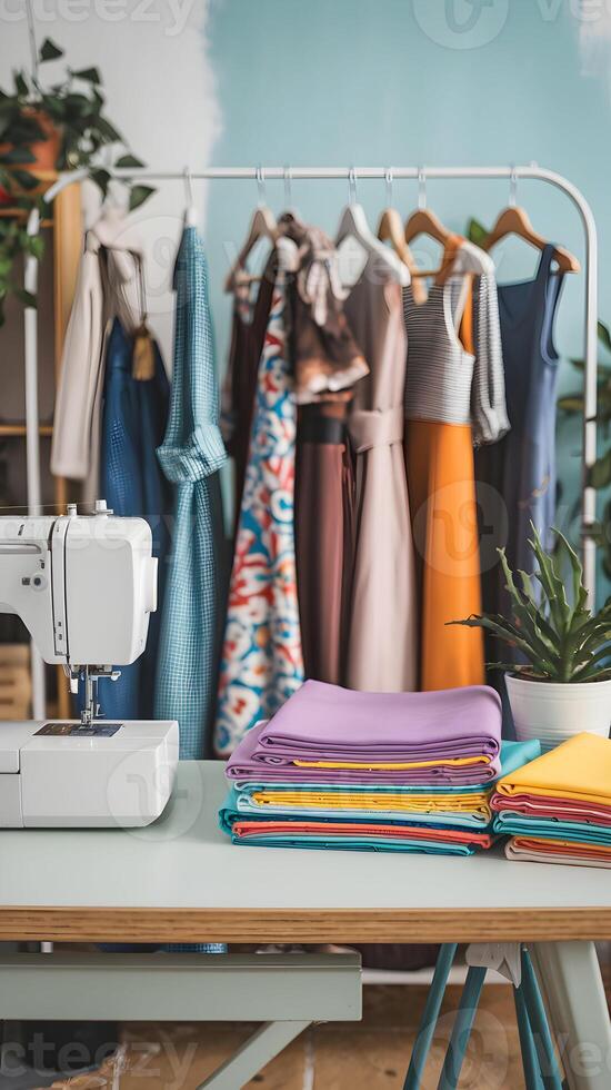 Cozy sewing workspace with machine, colorful fabrics, and rack of dresses in background. Vertical Mobile Wallpaper photo