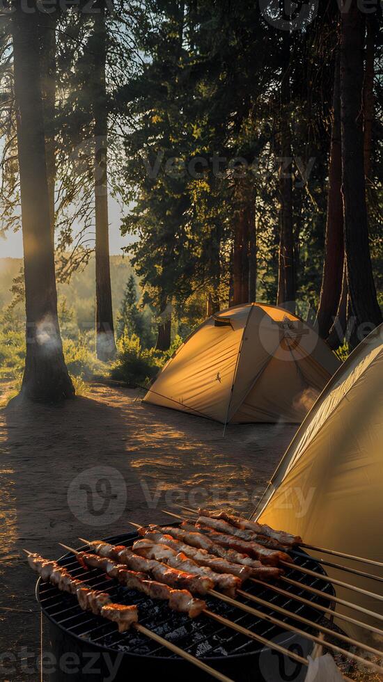 Golden hour camping scene with skewered grilled meat and tents in a forest. Vertical Mobile Wallpaper photo
