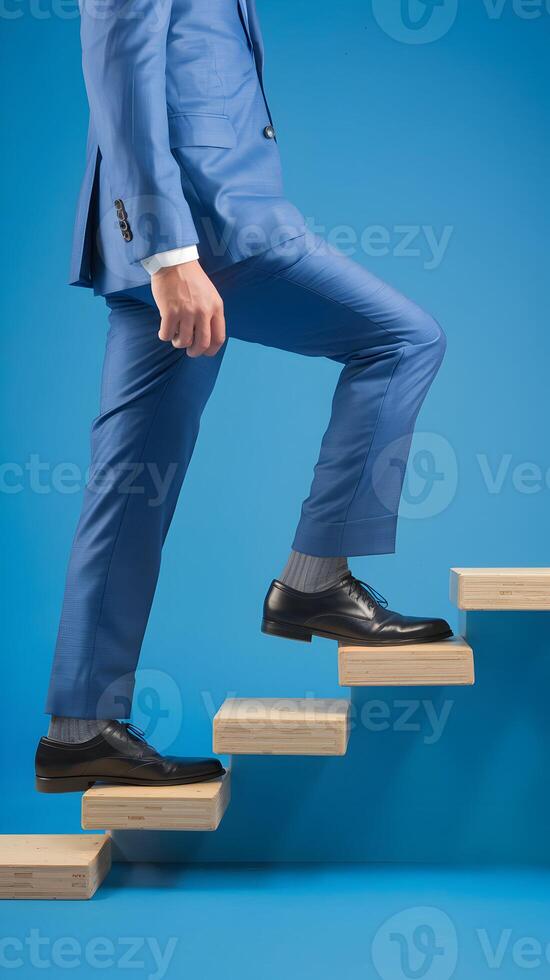 Blue-suited leg steps confidently onto ascending wooden blocks, symbolizing progress and achievement. Vertical Mobile Wallpaper photo
