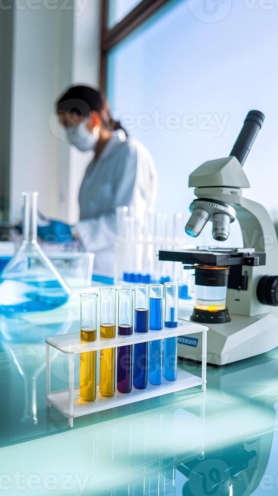 Lab scene with microscope and test tubes, yellow liquid bathed in natural light. Vertical Mobile Wallpaper photo