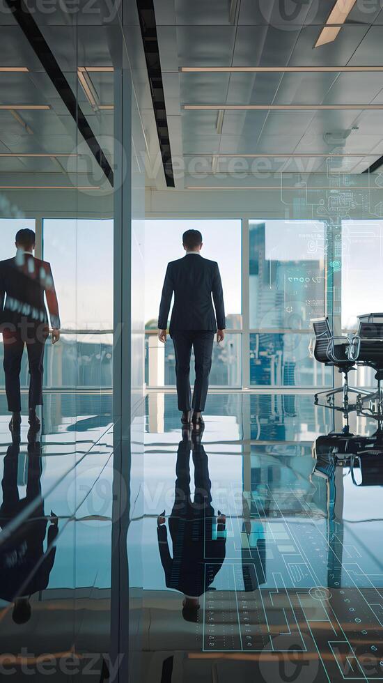 Man in suit walks towards a glass wall, reflecting a futuristic workspace. Vertical Mobile Wallpaper photo