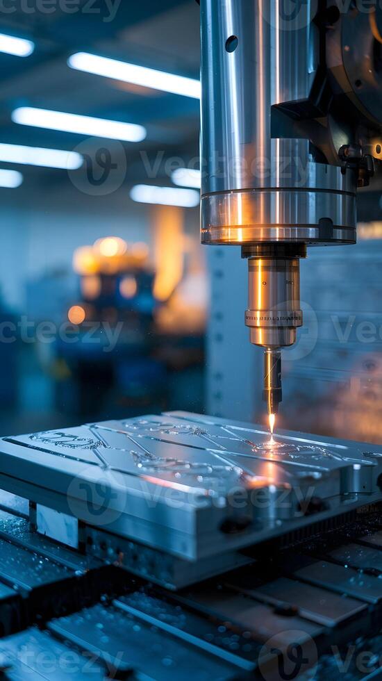 CNC milling machine cuts metal plate with detailed etchings in a factory setting. Vertical Mobile Wallpaper photo