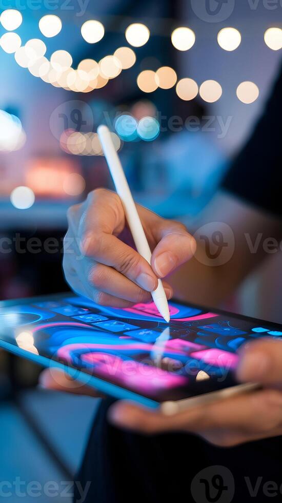 Hands holding stylus work on vibrant digital tablet with blue and pink graphics. Vertical Mobile Wallpaper photo