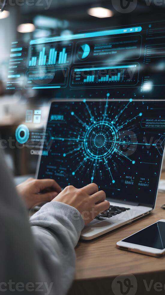 Person works on laptop displaying digital matrix of blue lights and futuristic interface. Vertical Mobile Wallpaper photo