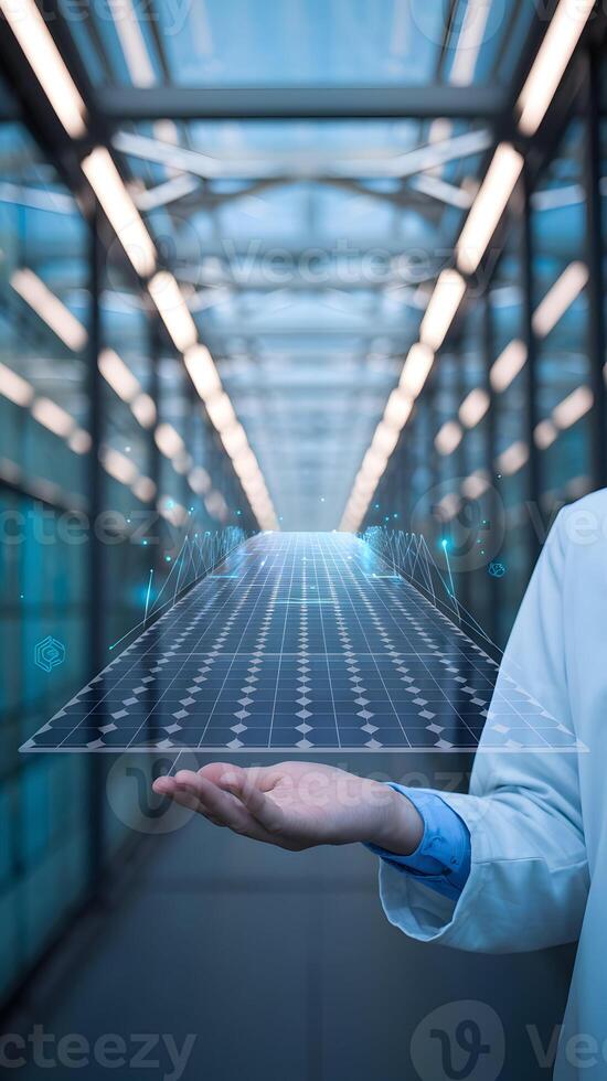 Scientist in lab coat holds holographic solar panel, emphasizing futuristic research facility. Vertical Mobile Wallpaper photo