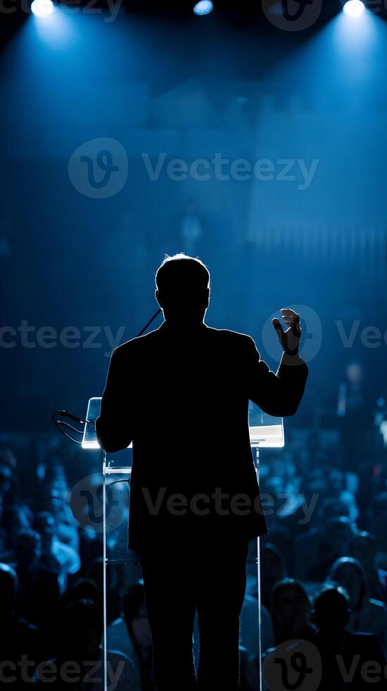 Silhouette of man behind podium, addressing audience under blue light. Vertical Mobile Wallpaper photo