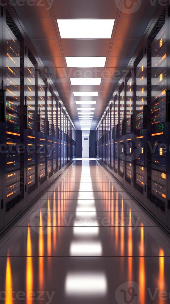Sleek corridor with glowing metallic servers, drawing attention to exit at halls end. Vertical Mobile Wallpaper photo