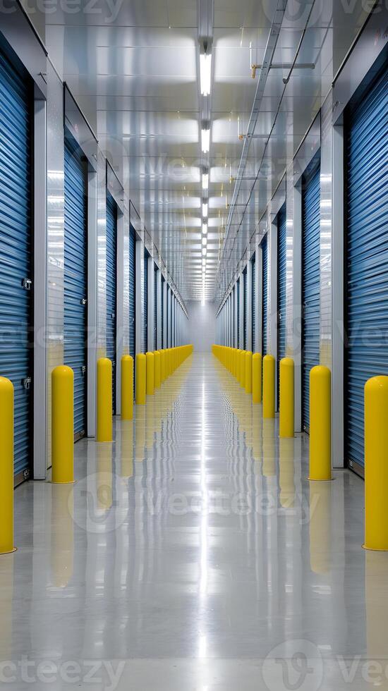 Straight line of blue metallic storage doors with protective yellow bollards and smooth floor. Vertical Mobile Wallpaper photo