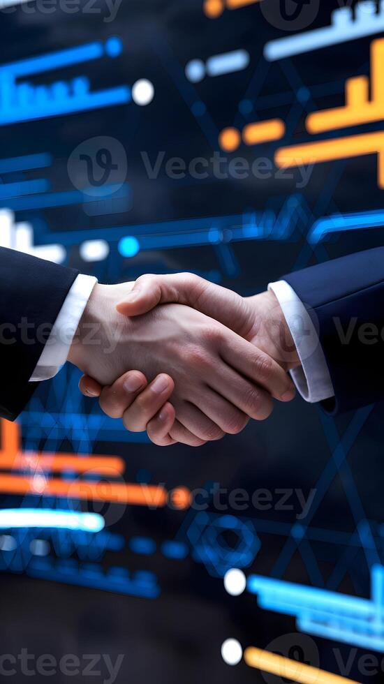 Two individuals shake hands, digital background of colorful bars, symbolizing futuristic partnership. Vertical Mobile Wallpaper photo