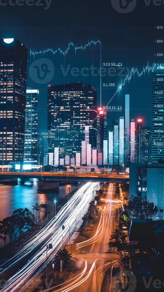 Vibrant cityscape at night with digital data visualizations indicating growth and progress. Vertical Mobile Wallpaper photo