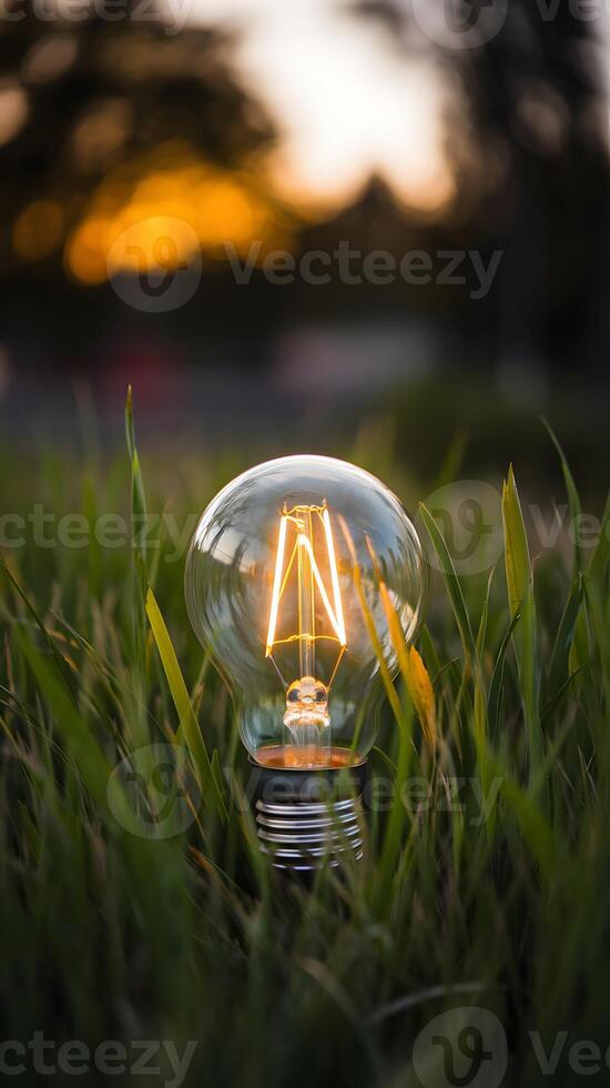Glowing light bulb in lush green grass, radiating warm yellow light. Vertical Mobile Wallpaper photo
