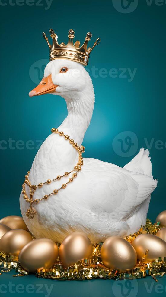 White goose surrounded by golden eggs, crowned against vibrant teal background. Vertical Mobile Wallpaper photo