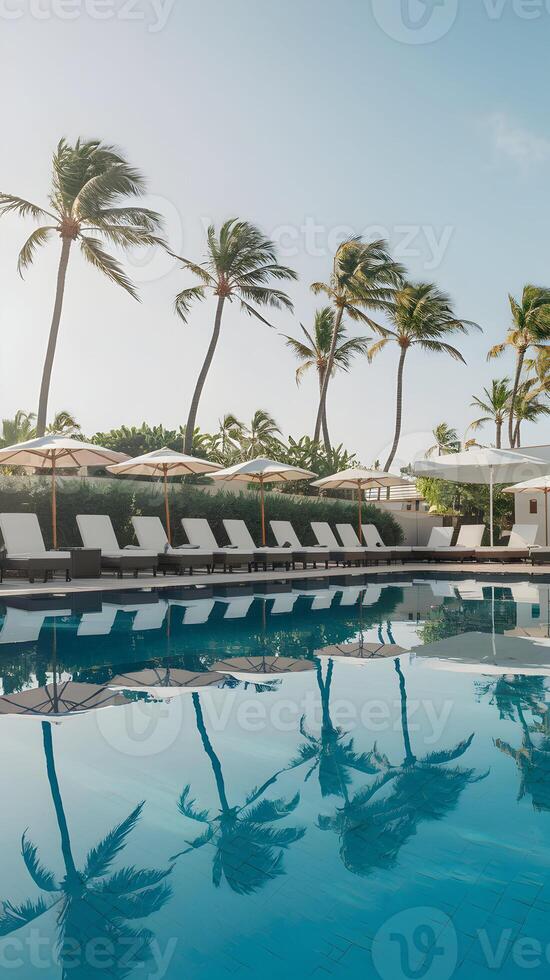 Resort Pool Pristine pool, white loungers, and palm trees create a luxurious outdoor oasis Vertical Mobile Wallpaper photo