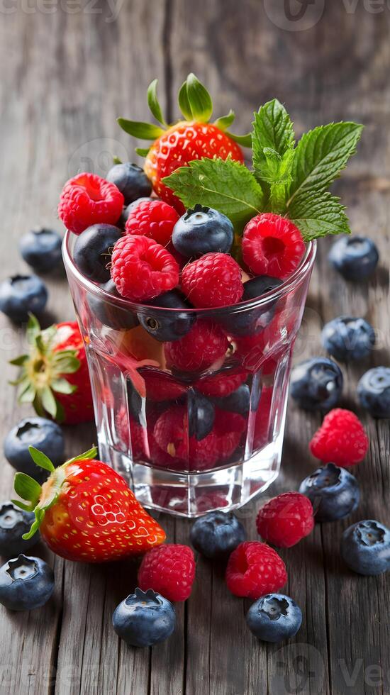Berry Medley Fresh berries in a glass cup, with mint garnish, create a vibrant refreshment Vertical Mobile Wallpaper photo