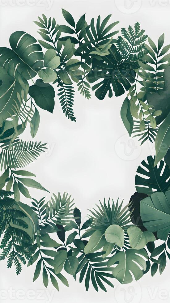 Green leaves frame white space, tropical serenity, and natural forest inspiration Vertical Mobile Wallpaper photo