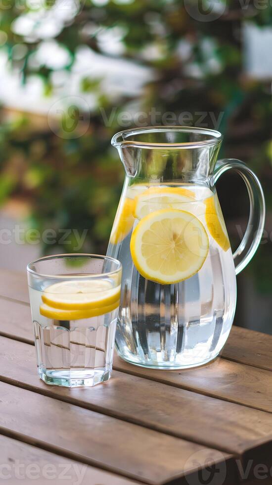 Lemon Water Glass pitcher and lemon slices evoke refreshing vibes against blurred greenery outdoors Vertical Mobile Wallpaper photo