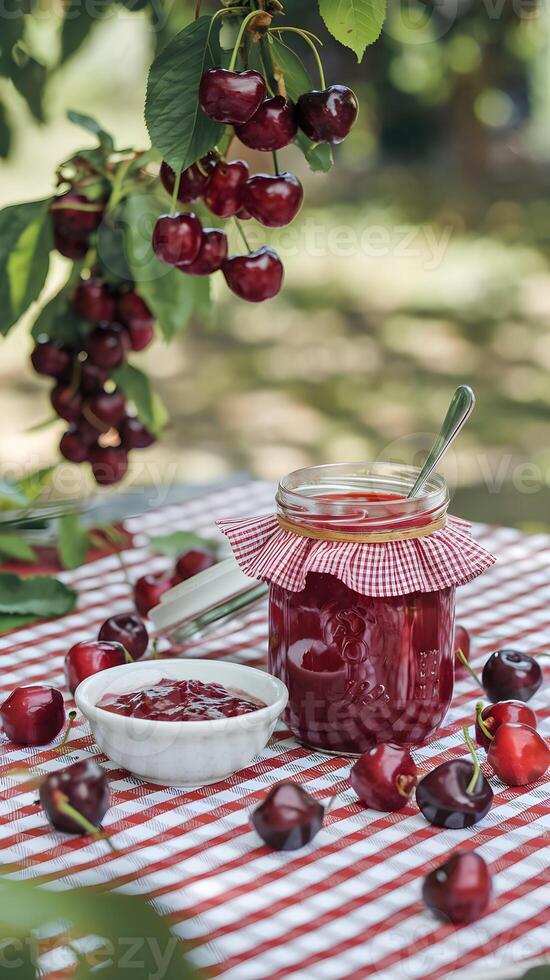 Red Jam Jar, cherries, and checkered cloth, rustic and natural feel Vertical Mobile Wallpaper photo