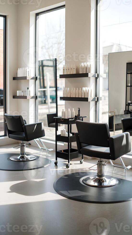 Modern salon with styling chairs, sunlight enhances sophisticated, polished interior Vertical Mobile Wallpaper photo