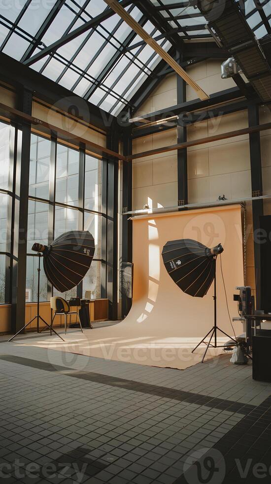 Photography studio with umbrella lighting, high ceilings, beige backdrop well lit Vertical Mobile Wallpaper photo