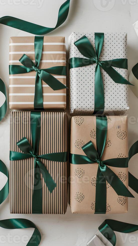 Stylish gifts with patterns arranged neatly on white background Vertical Mobile Wallpaper photo