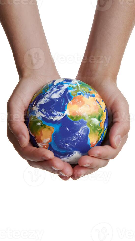 Hands cradle blue globe against plain backdrop Vertical Mobile Wallpaper photo