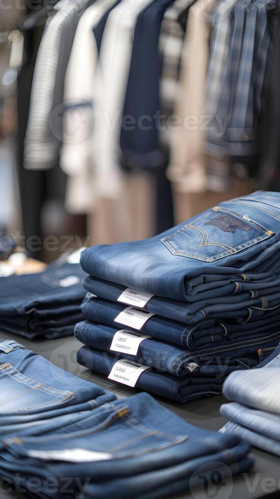 Folded denim jeans stacked neatly in retail setting Vertical Mobile Wallpaper photo