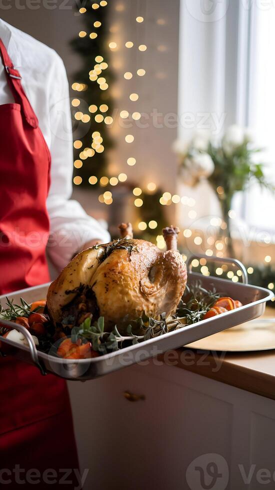 Red apron holding roasted bird tray in a cozy festive ambiance Vertical Mobile Wallpaper photo