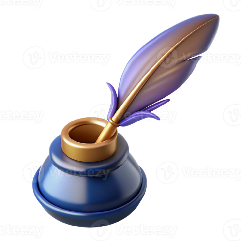 3D Render of a Quill Pen and Inkwell png