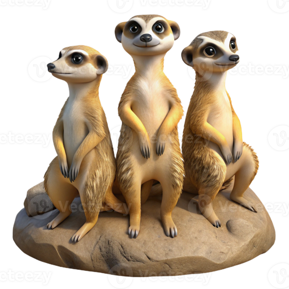 Three Meerkat Cartoon Characters Sitting on Rock png