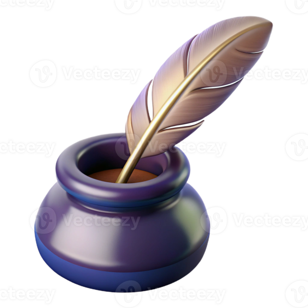 Inkwell and Feather 3D Render png