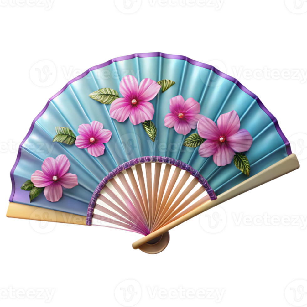 Blue Hand Fan with Pink Flowers png