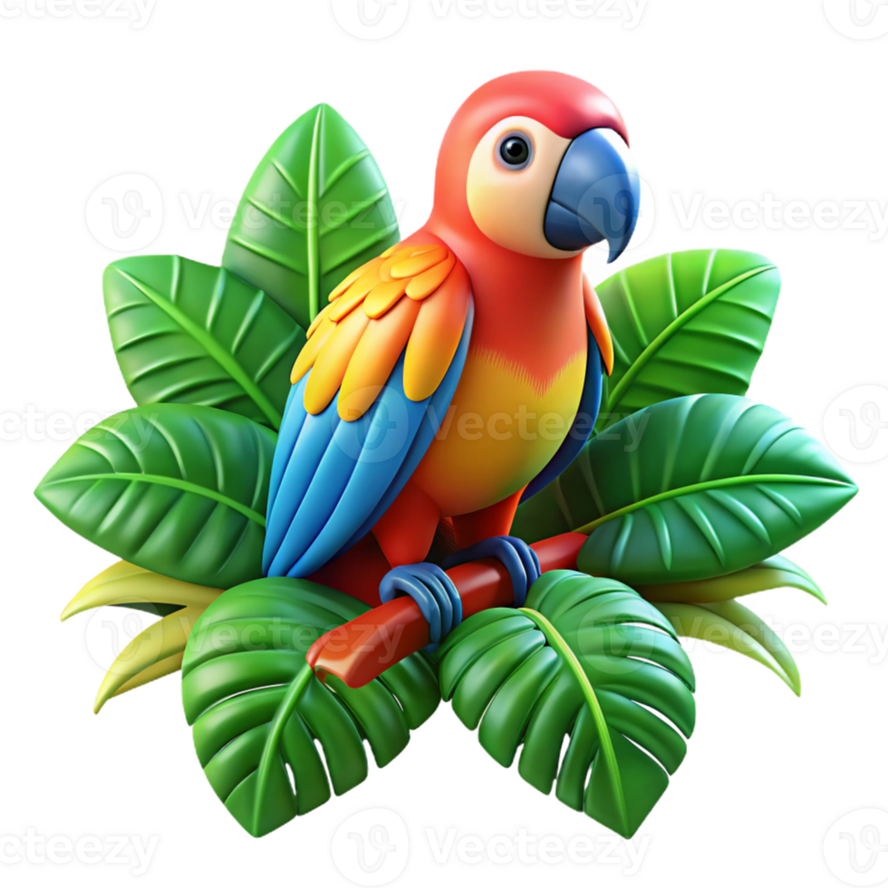 3D Parrot in Tropical Leaves png