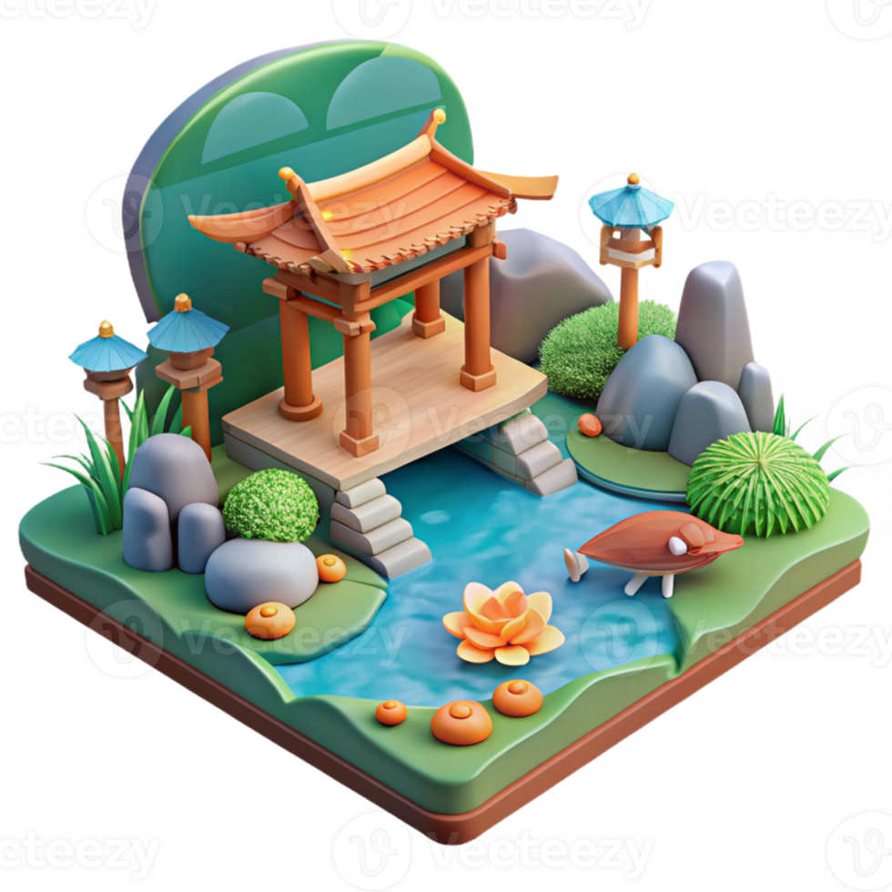 3D Miniature Garden with Pagoda Bridge png