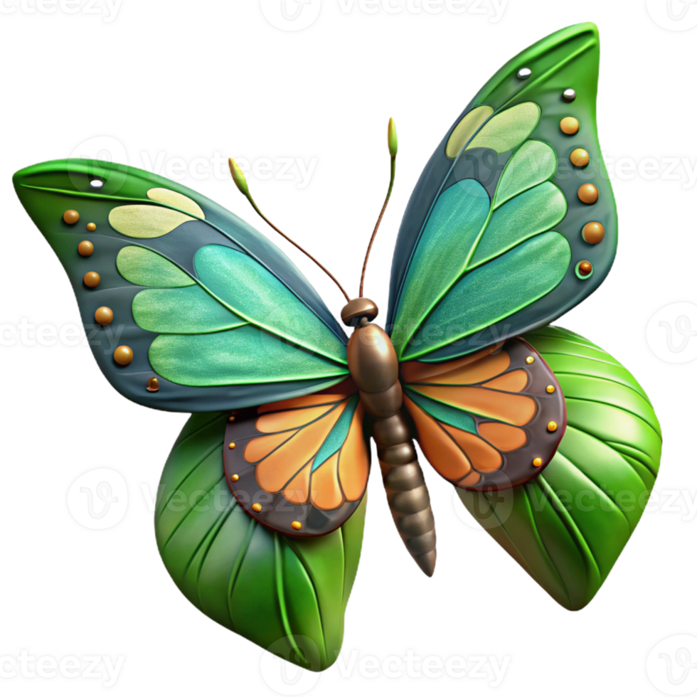 3D Green Butterfly with Orange Wings png
