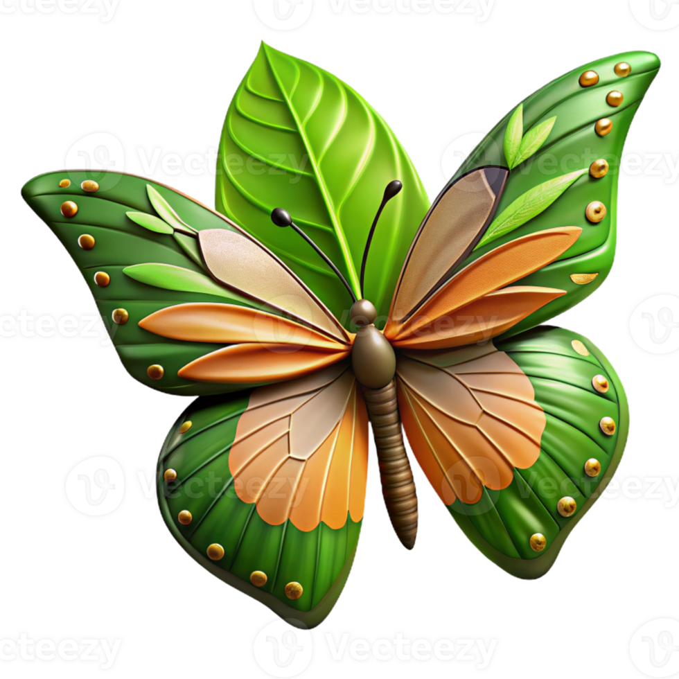 Green and Orange Butterfly with Leaf Wings png