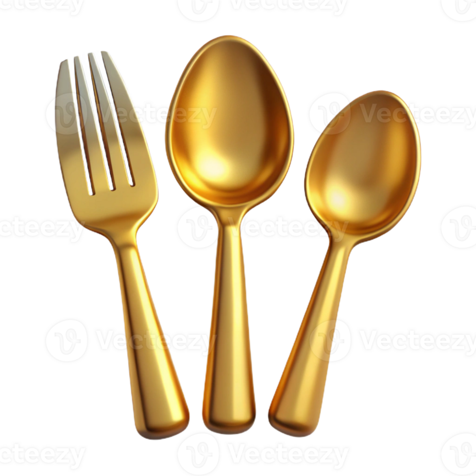Golden Fork and Spoons 3D Render png