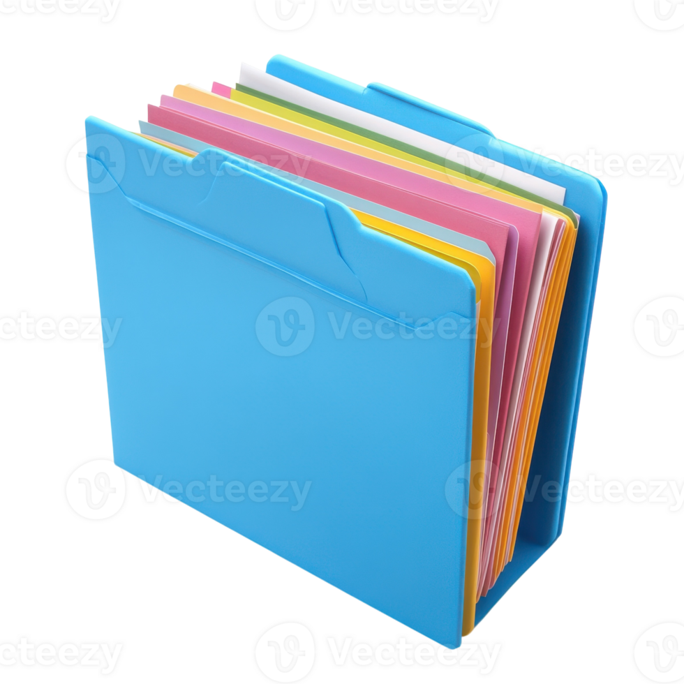Colorful Papers in Blue Folder on transparent background. png