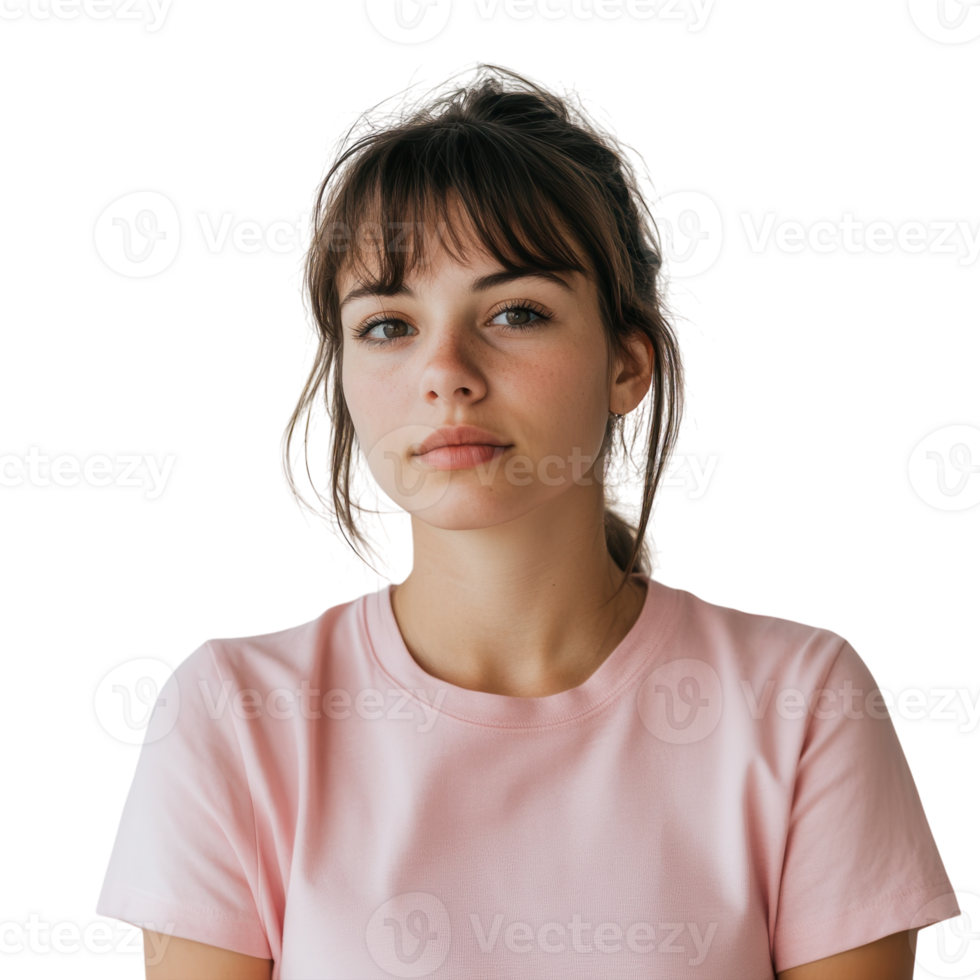 Woman in Pink Shirt on White on transparent background. png