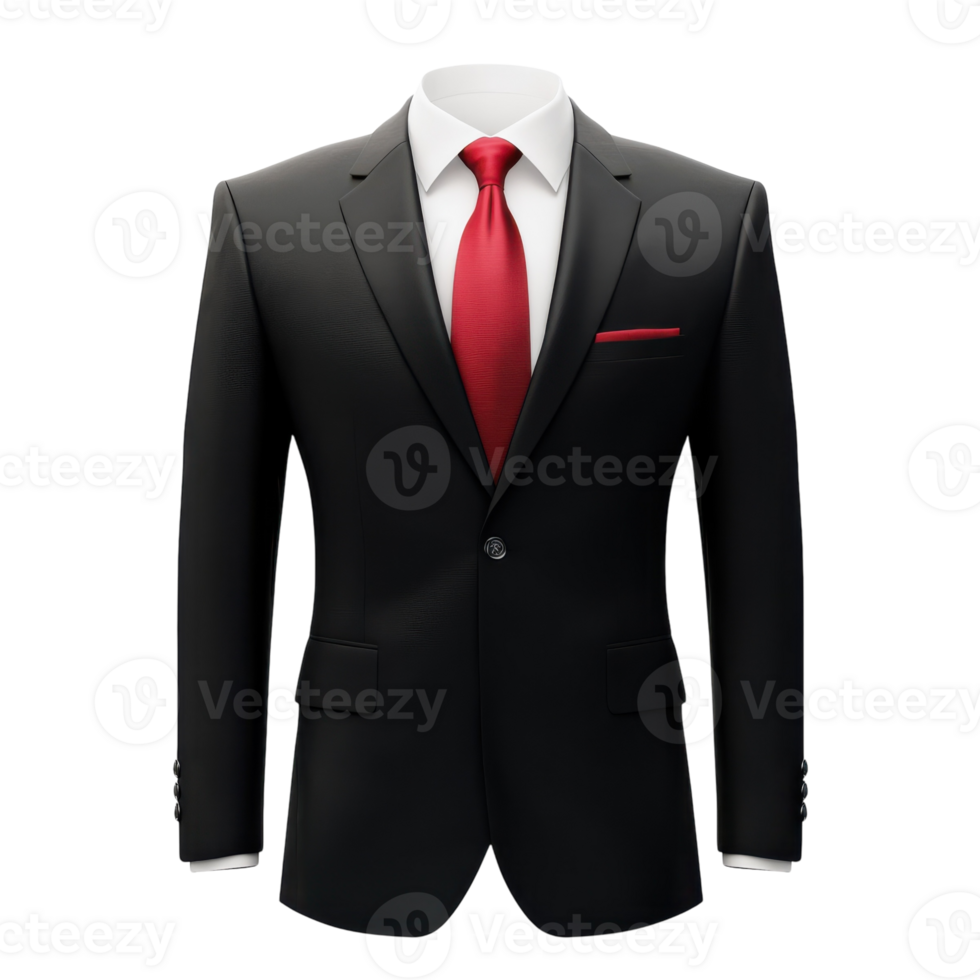 Elegant Black Suit Red Tie on transparent background. png