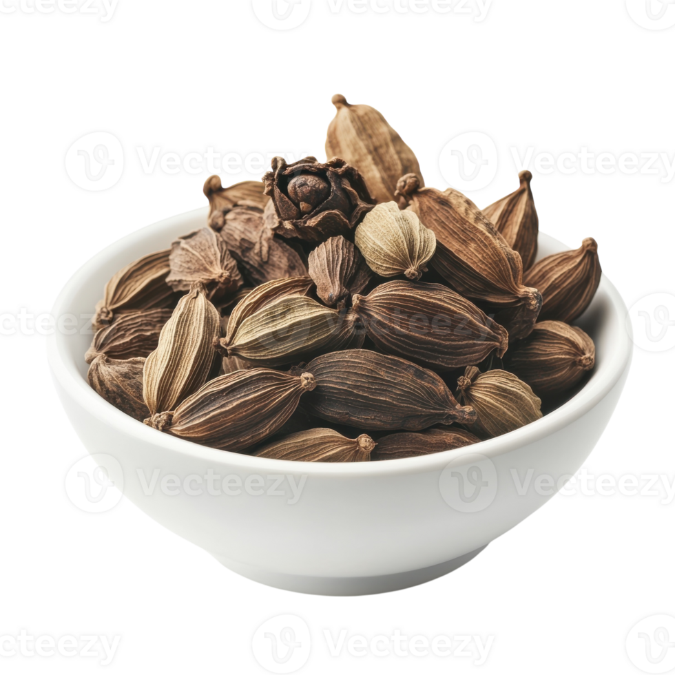 Cardamom Pods in White Bowl on transparent background. png