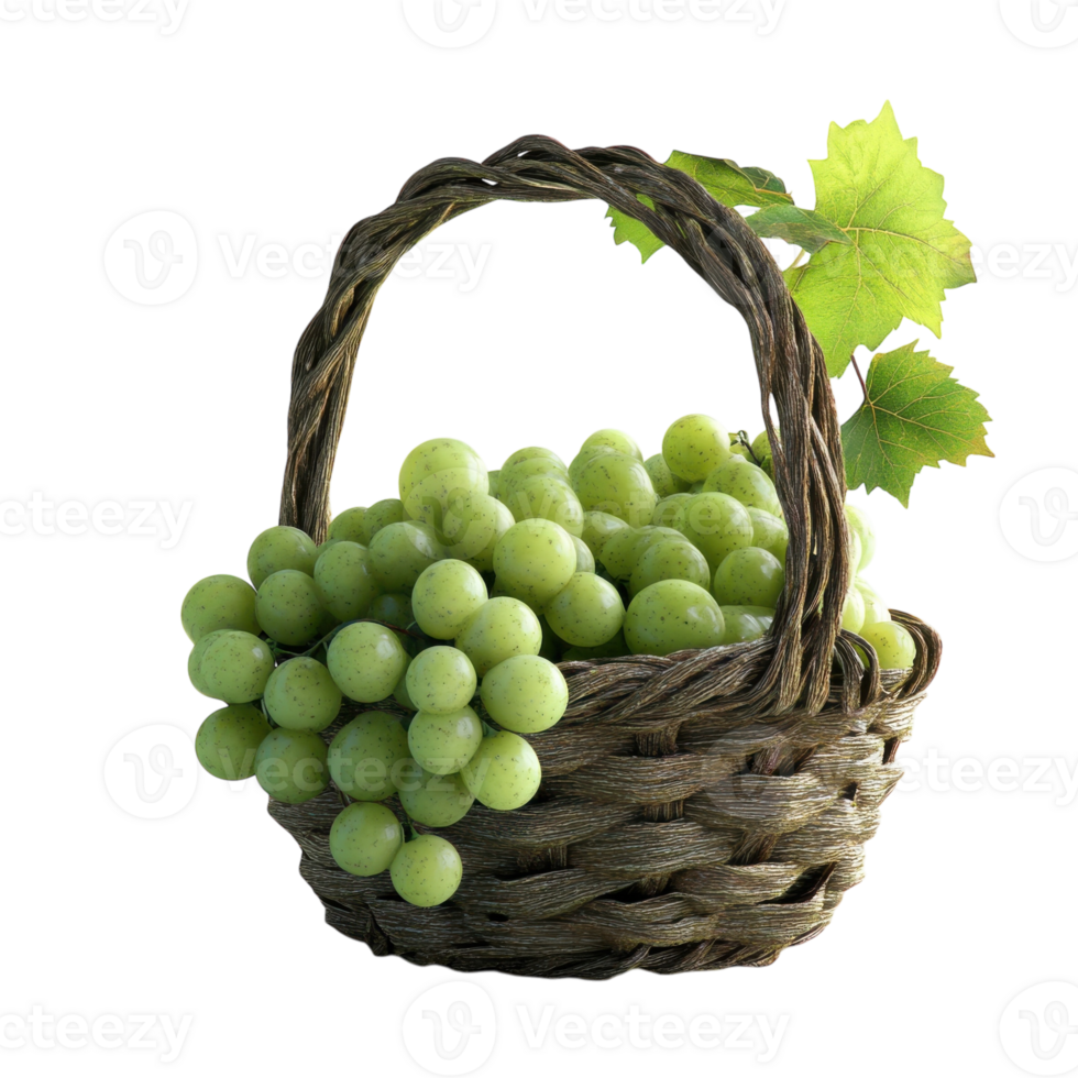 Juicy Green Grapes in Basket on transparent background. png