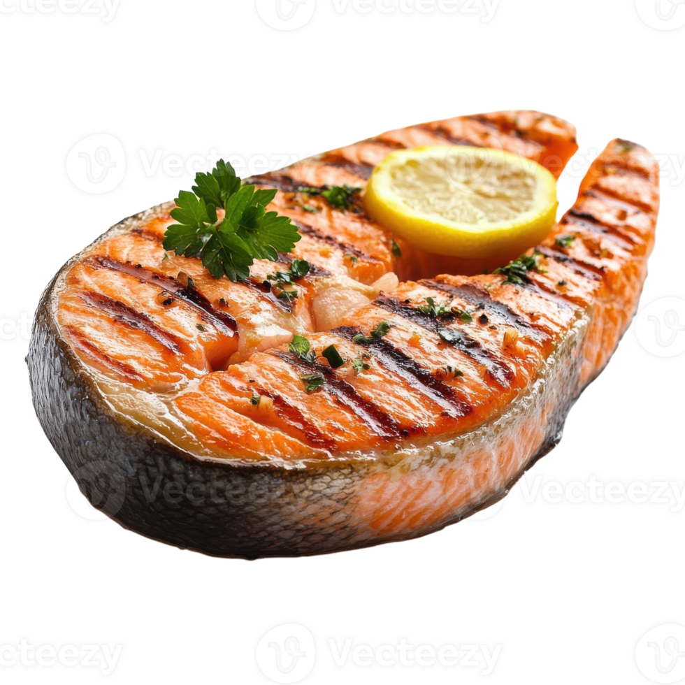 Delicious Grilled Salmon Steak on transparent background. png