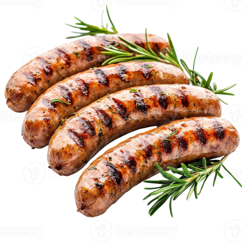 Grilled Sausages Rosemary Garnish on transparent background. png