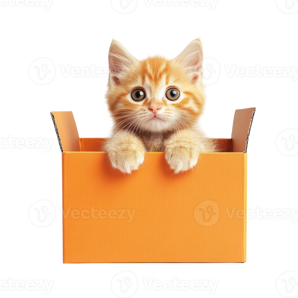 Adorable Kitten in Orange Box on transparent background. png
