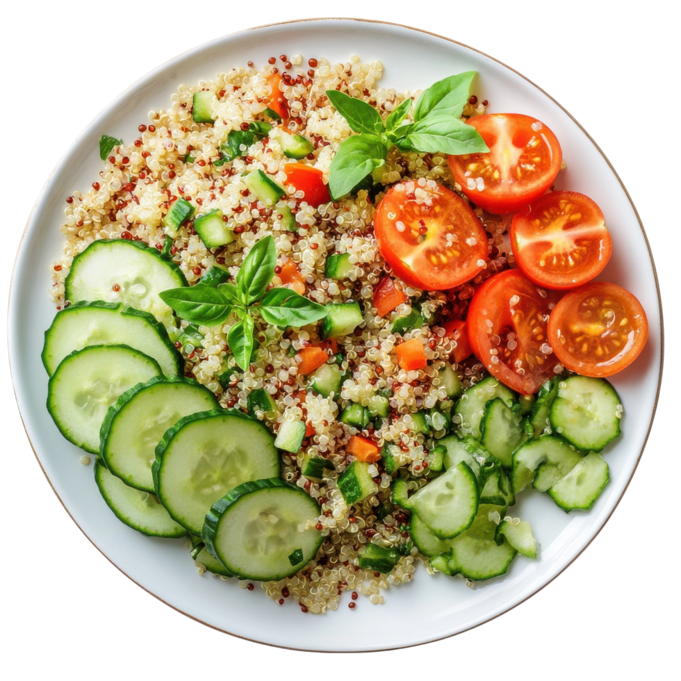 Healthy Quinoa Salad with Cucumber on transparent background. png