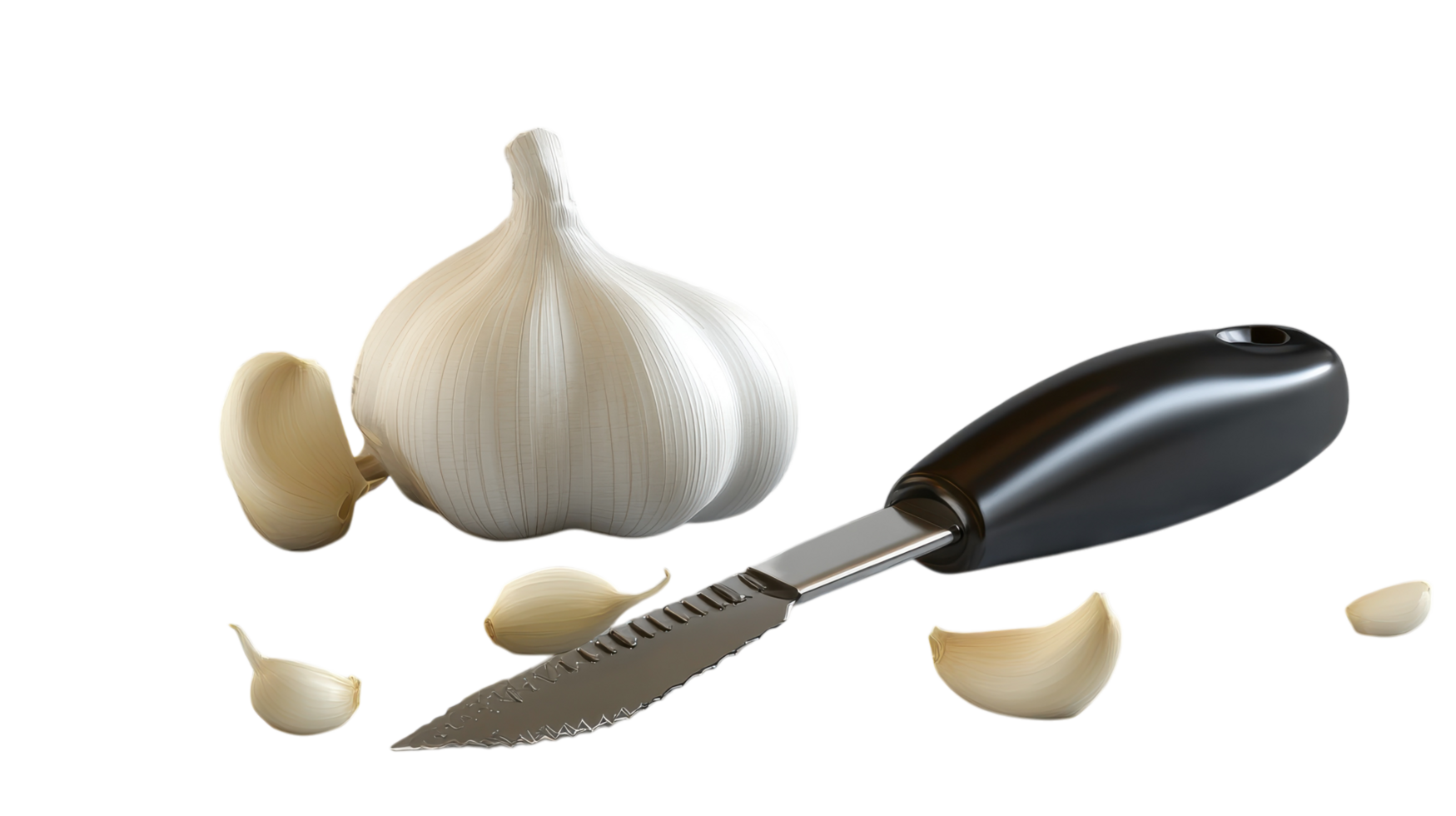 Fresh garlic bulb with peeled cloves and a kitchen knife on a transparent background for culinary use and food preparation. png
