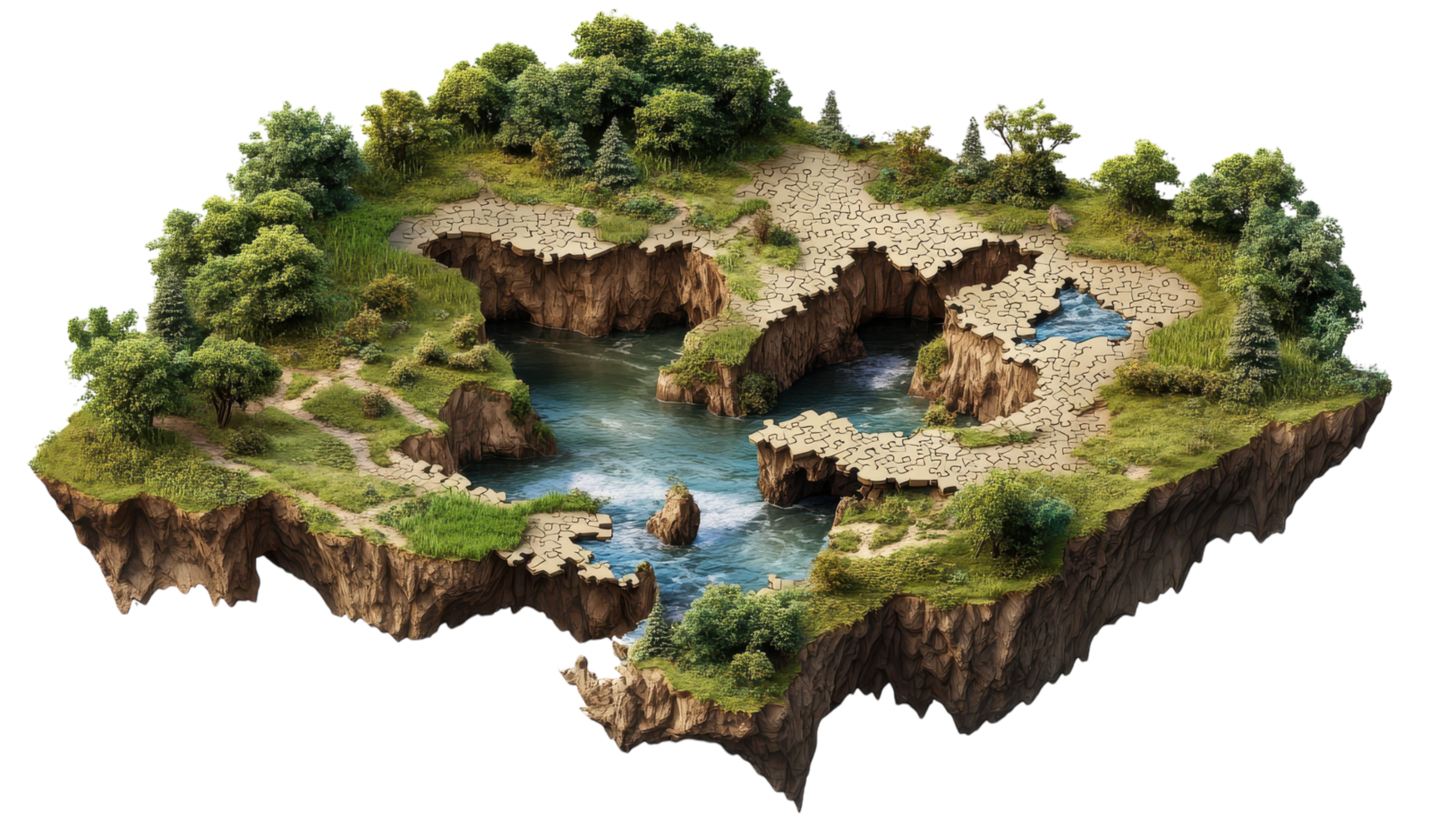 Aerial view of an isolated island featuring rocky cliffs, greenery, and a winding river under bright daylight. png