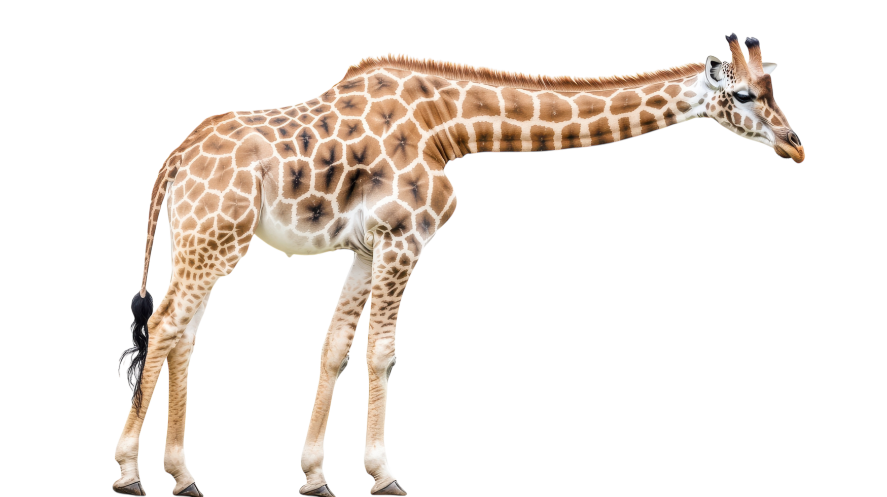 A young giraffe stands gracefully, showcasing its long neck and unique coat patterns in a natural habitat setting. png